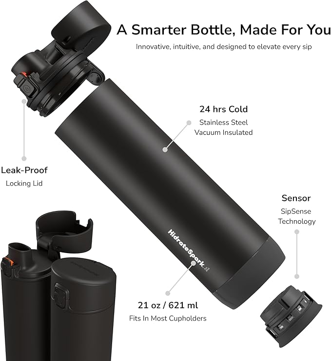 Hidrate Spark PRO Smart Water Bottle - Tracks Water Intake & Glows to Remind You to Stay Hydrated, Chug & Straw lid, 21oz (Black)