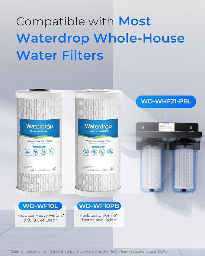 Waterdrop Whole House Water Filter, Sediment Filter Reduce Lead, Chlorine Filter Cartridge, Replacement for GE® FXHTC, GXWH40L, iSpring, Culligan® RFC-BBSA, Whirlpool®, Any 10" x 4.5" System, 5 Micron - AquaVibe