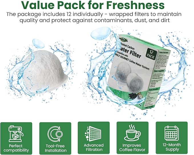 12 Pack WGCM350 Activated Carbon Water Filter Pods Replacement for Wolf Gourmet Coffee Maker System - Compatible with WGCM100S WGCM110S WGCM120S - AquaVibe