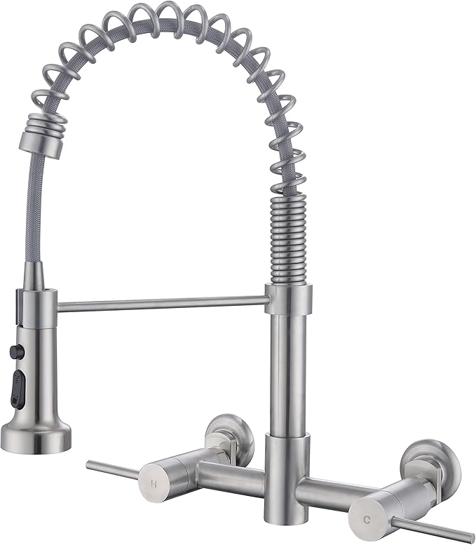 Wall Mount Kitchen Faucet, 8 Inch Center Wall Mount Kitchen Sink Faucet with Pull Down Sprayer Commercial, Brushed Nickel