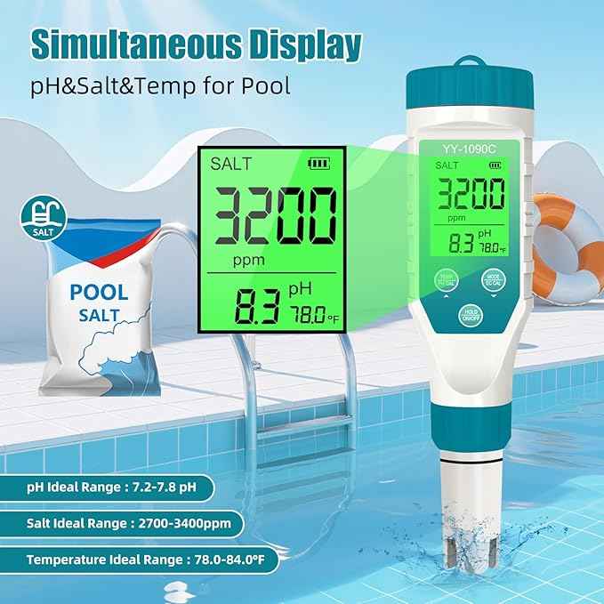PH Meter for hydroponics & Spa Salt Tester – 5‑in‑1 pH, Salinity, TDS, EC & Temp Meter with 12.88 mS/cm Calibration – Saltwater Pool, Hot Tub & Aquarium Water Quality Monitor