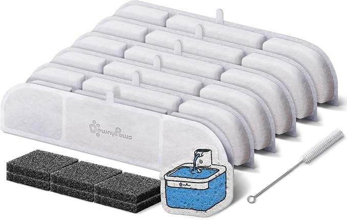 DownyPaws 6 Packs Replacement Filters for Battery Operated Cat Water Fountain DPWFP6, with 1 Cleaning Sponge and 1 Brush, 3 Months Set of Replacement Filters