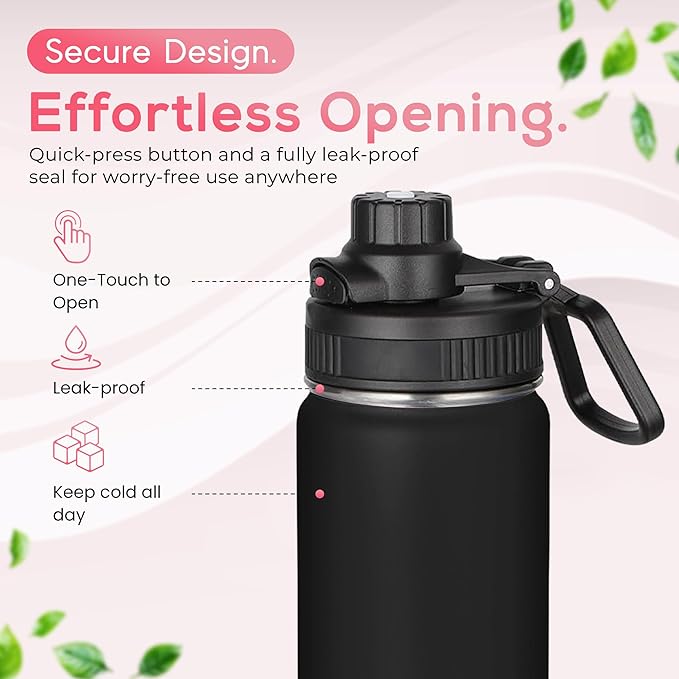 Y TOP 18 oz Insulated Water Bottle Leak Proof Spout Lid Fits in Car Cup Holder – Double Wall Dishwasher Safe Easy Clean stainless steel drinking water bottle for Gym Kids Sports Travel Hiking School