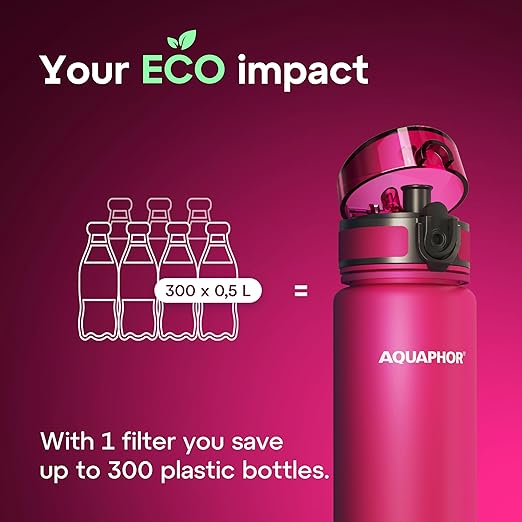 AQUAPHOR City Filtered Water Bottle in Tritan BPA-free - Portable with Integrated Water Purifying Filter 500 ml - Pink