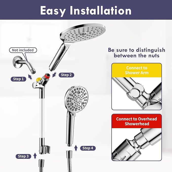 HOWUWEY Filtered Dual Shower Head with Handheld Spray Combo for Hard Water, 7.5-inch Modern High Pressure Shower Head with 9-mode Handheld and Filter, 79-inch Hose (Filtered, Chrome)