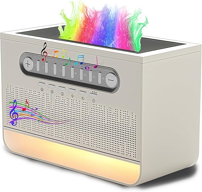 Speaker with 8 White Noise, 7 Colors Flame Diffuser Humidifer for Home Office, 8 White Noise Effect, Timing Essential Oil Diffusers Ideal Gift