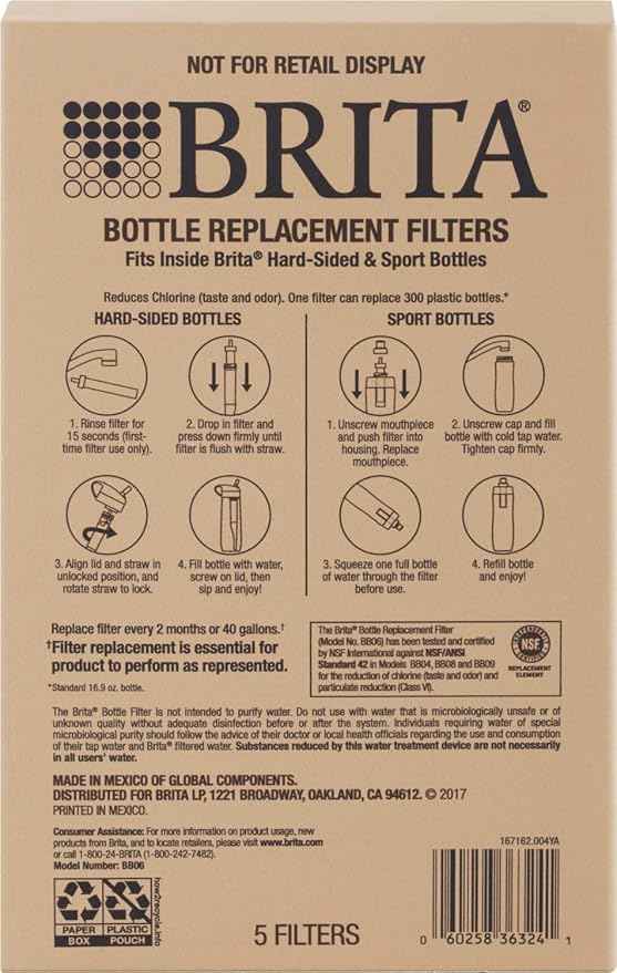 Brita Water Bottle Replacement Water Bottle Filters, Black, 5 Count
