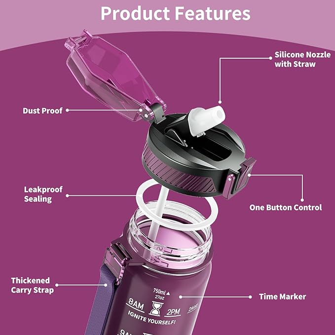 Water Bottle with Straw, 27oz Motivational Water Bottles with Time Marker to Drink, Tritan BPA Free, 750ml Sports Water Bottle with Carry Strap LeakProof for School Fitness Outdoor (1Pack)
