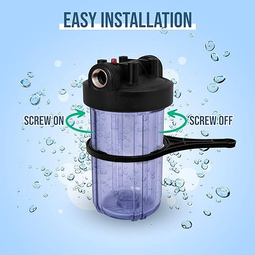 High Capacity 10 x 4.5-Inches Transparent Whole House Water Filter Purifier System with Presser Relief Button, 1” Inlet/Outlet Brass Port & Yearly Supply (4) Pleated Washable Sediment Cartridges 5 Mic