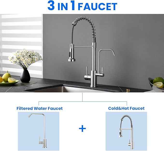 POPFLY Kitchen Faucet with Drinking Water Faucet, 3 in 1 Pull Down Faucet with Purfied Water Faucet, 2 Handle Spring Kitchen Water Filter Faucet, Brushed Nickel