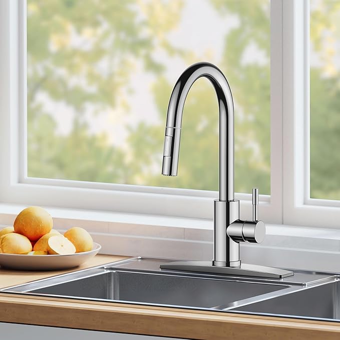 FORIOUS Chrome Kitchen Faucet with Pull Down Sprayer, High Arc Modern Classic Sink Faucet Stainless Steel with Deck Plate Fit for 1 or 3 Hole for Pot Filler Bar Farmhouse Laundry Rv