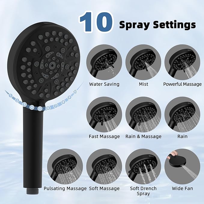 Metal Rain Shower Head with Handheld Spray Combo, 8” High Pressure Rainfall Shower Head with16" Shower Extension Arm, 10-Spray Handheld Built-in Power Wash, Solid Brass 3-Way Diverter, Matte Black