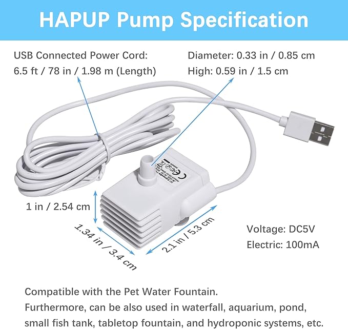 Cat Water Fountain Pump Silent DC5V Original Pet Drinking Fountain Replacement Pump (170L/H) with 6.5ft USB Power Cord for 61OZ/1.8L HAPUP Dog Water Fountain Fish Tank Hydroponics (No Adapter)
