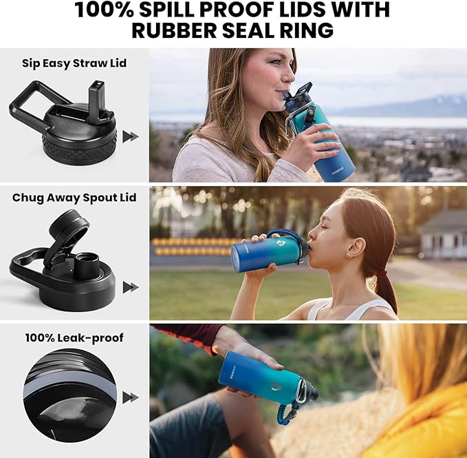 Insulated Water Bottle 32 oz, Triple Wall Vacuum Stainless Steel (Cold for 48 Hrs), Leak Proof & Non-BPA, Modern Water Flask Jug with Paracord Handle & Straw Spout Lids, Cyan Blue