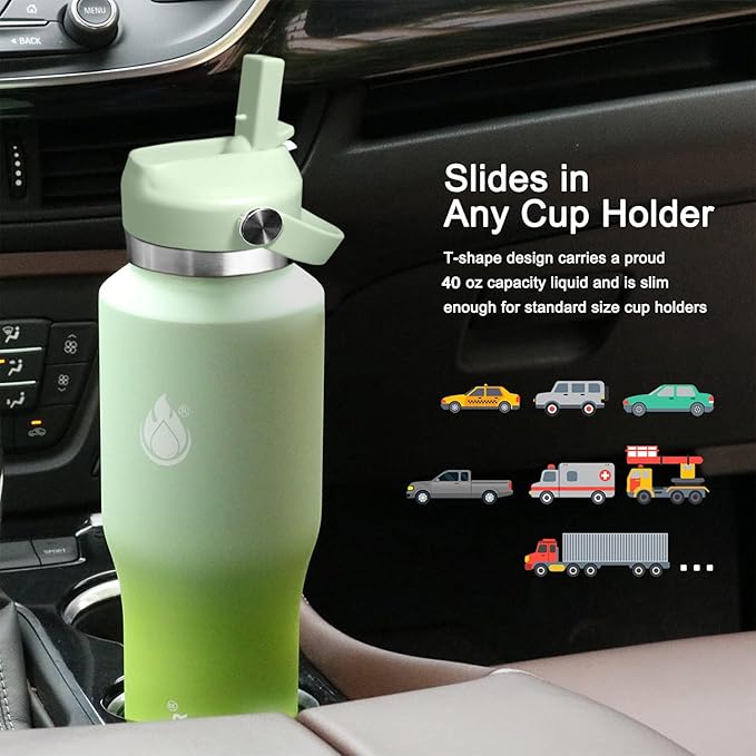 SENDESTAR Water Bottle,Wide Mouth Stainless Steel Vacuum Insulated Double Wall Keep Liquids Cold or Hot All Day,Sweat Proof Sport Design,Fit Car Cup Holder,Light Green Gradient,40 Ounces