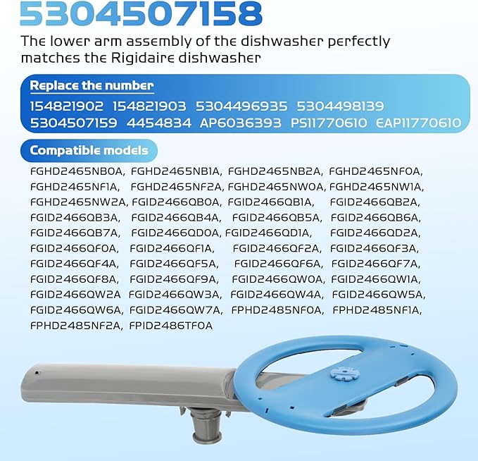 5304507158 Dishwasher Lower Spray Arm Assembly for Frigidaire Dishwashers and Can Replace Ap6036393 5304496935 5304498139