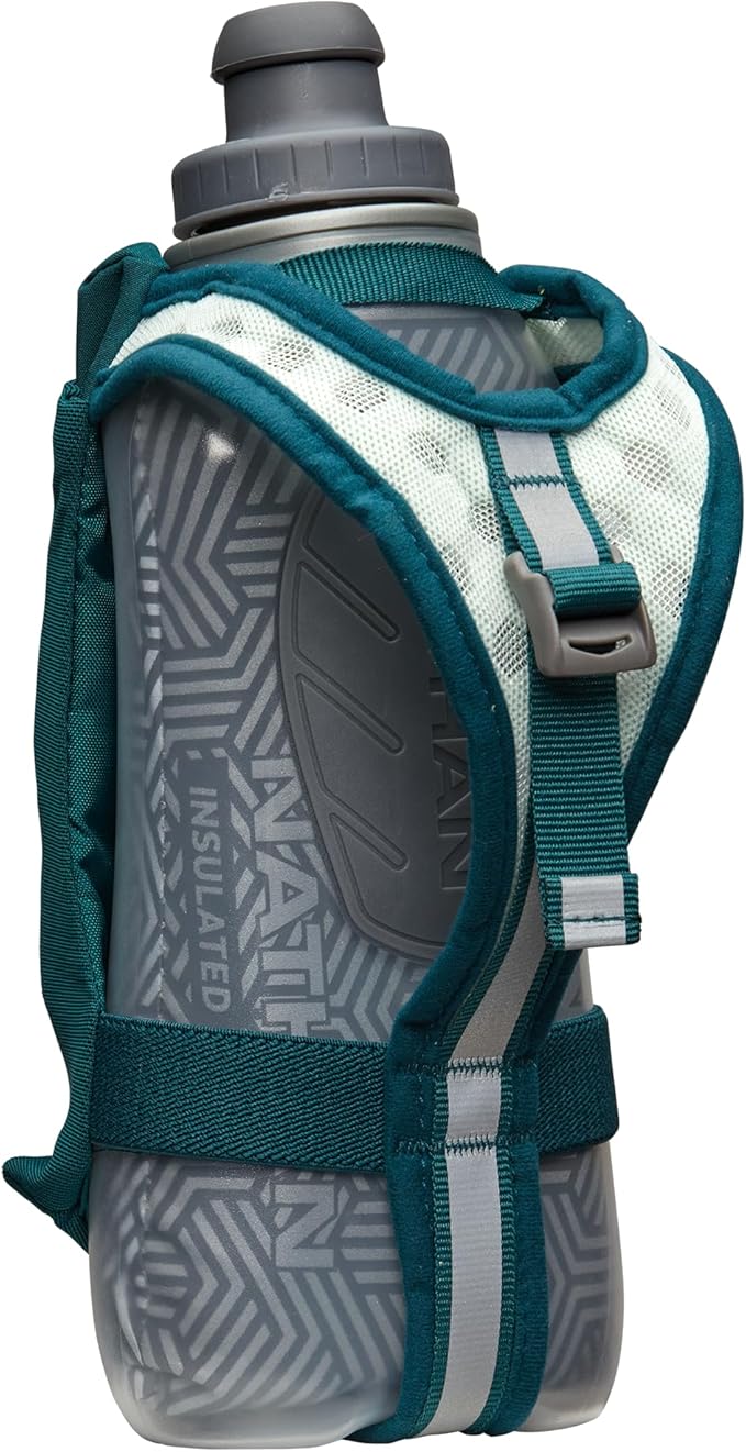 Nathan SpeedDraw 2 Insulated Handheld Running Water Bottle Flask – Double-Wall Insulation, Ergonomic Grip, Blast Valve Cap, Phone & Key Storage Pockets, Reflective Design - 18oz Insulated - Deep Teal