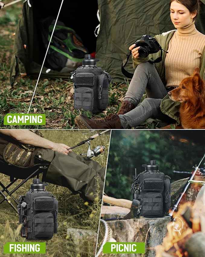 64 oz Insulated Water Bottle with Sleeve, Half Gallon Stainless Steel Tactical Water Jug Large Military Water Bottle with 3-IN-1 Pouch/3 Lids/Straw/Paracord Handle for Gym, Camping, Workout