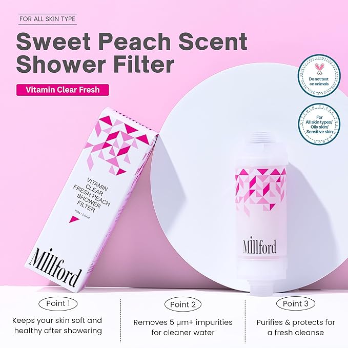 Vitamin C Shower Filter - Korean Purifier for Hard Water, Removes 99% Chlorine & Impurities, Natural Shower Infuser Detox, Deep Cleansing for Skin & Hair Hydration Boost (Peach Scent)