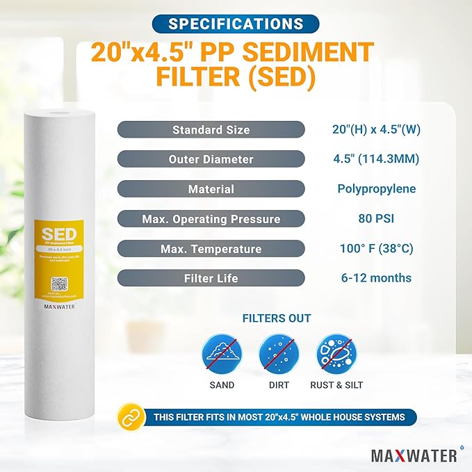 Max Water 1 Micron 20 x 4.5 Sediment Filter - Whole House BB Water Filtration System Replacement Cartridge Compatible with DGD-5005-20, AP810-2, FP25B, SDC-45-2005, 4 Pack