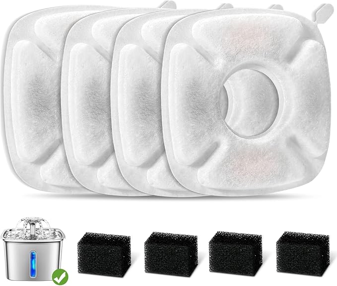 8 Pcs Cat Fountain Replacement Filters 4 Pack Cat Water Fountain Replacement Filters & 4 Pack Pre-Filter Sponges, Pet Fountain Filter Fit for 95oz/2.8L Automatic Pet Fountain Cat Water Fountain