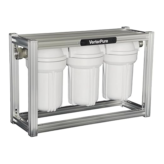 S3 Mini External 3-Stage RV Fresh Water Filter System, Compact, 5 Inch Filters, 3/4" GHT Stainless Steel Fittings, Reduce Sediment, Chlorine, Odor, All Aluminium Free-Standing Chassis, Silver