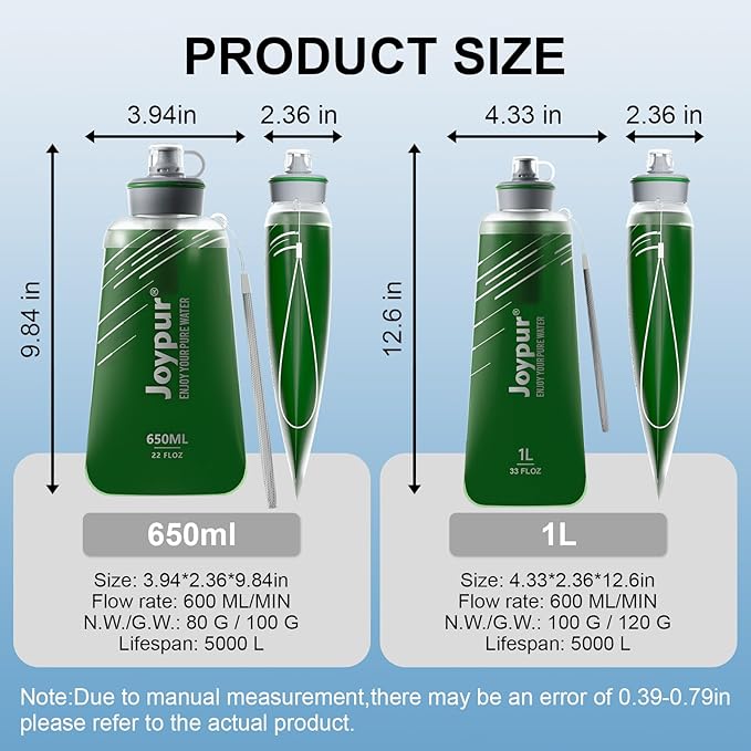 Collapsible Squeeze Water Filter Bottle-650ml with Filter with NSF/FDA Certification Befree or Peak Series Replacement for Hiking,Running,Camping,Travel,Cycling,Fishing,BPA-Free(Green)