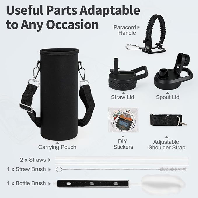 20 oz Insulated Water Bottle with Straw (Cold for 48 Hrs), Stainless Steel Triple Wall Vacuum Sports Water Jug, Leakproof Hydro Cup Flask with Paracord Handle & Straw Spout Lids & DIY Stickers
