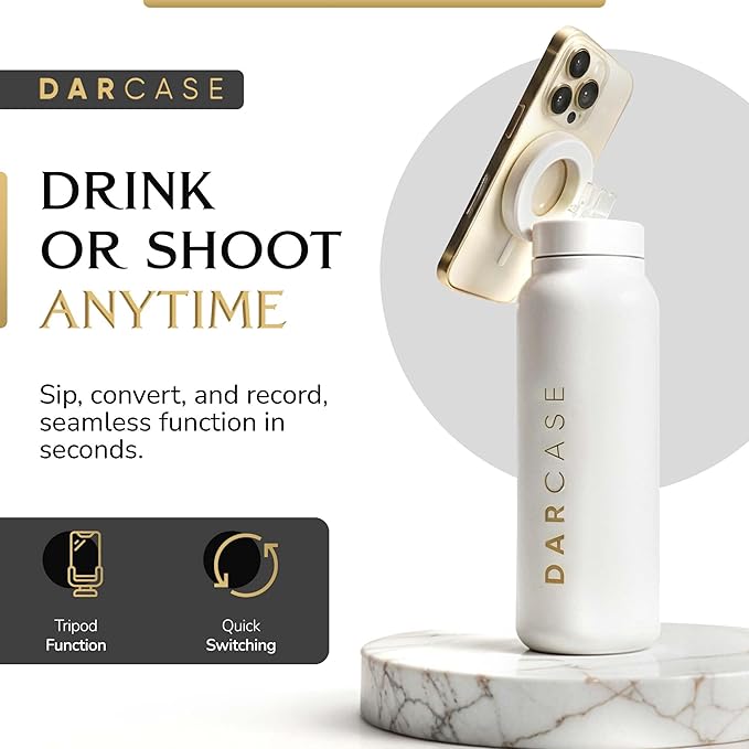 DARCASE Luxury Stainless Steel Water Bottle with Magnetic Phone Mount - Leak Proof Insulated Water Bottle for Workout, Content Creation and Travel - Reusable Bottle with Magnetic Phone Holder - 24oz