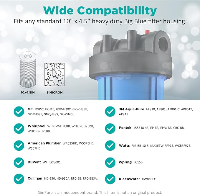 SimPure 4.5" x 10" Carbon Whole House Water Filter 5 Micron Coconut Shell Charcoal Replacement Cartridges for System Housing DB10P, DB10C, FC15B, GE GXWH40L, GXWH35F, BB-10B, FXHTC, WGB21B, 3-Pack