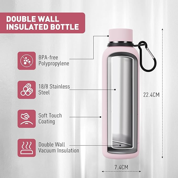 Exllena Slim Insulated Water Bottles for Travel 18oz with Clip, Double Wall Vacuum Stainless Steel Water Bottle Keeps Drinks Cold 24 Hrs/Hot 12 Hrs, 100% Leakproof, BPA Free(Pink)