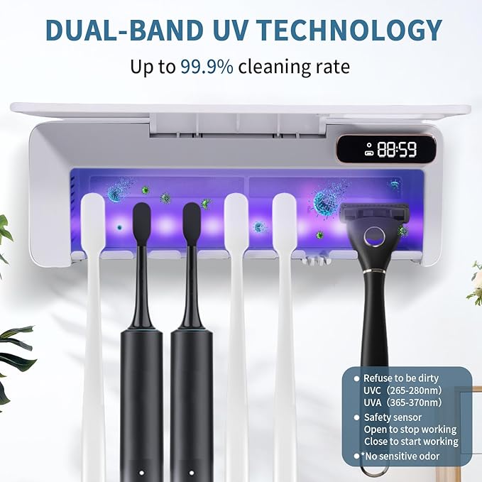 ZOZOO UV Toothbrush Sanitizeri Holder with 99.9% Cleaning,Air Dry,Heating,5+1+1 Slots,12 Hour Memory,Rechargeable Wall Mounted Strong Adhesive Toothbrush Holder with Cover for Bathroom(White)