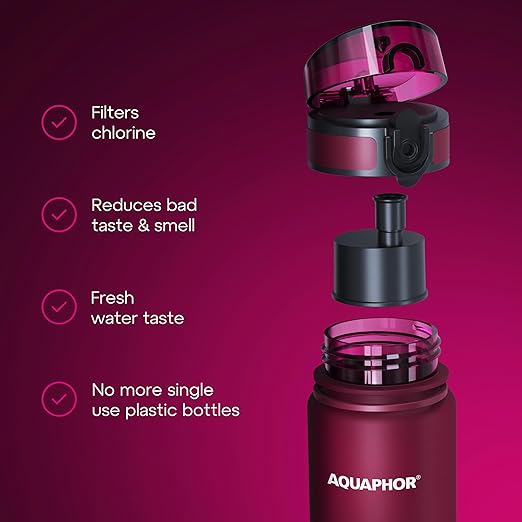 AQUAPHOR City Filtered Water Bottle in Tritan BPA-free - Portable with Integrated Water Purifying Filter 500 ml - Ruby Red