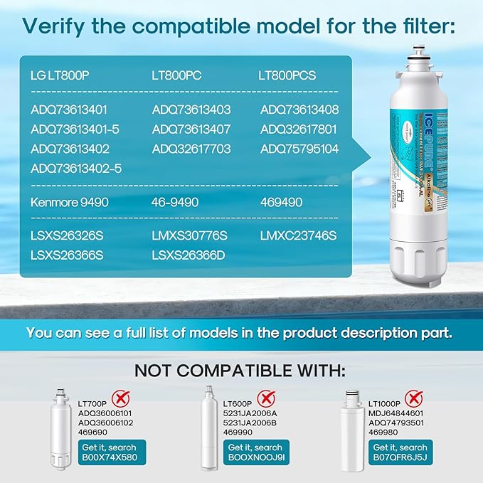 ICEPURE Alkaline ADQ73613401 Refrigerator Water Filter and Air Filter Replacement for LG LT800P, LT800PC, ADQ75795104, ADQ736134, ADQ73613402 Kenmore 9490 LSXS26326S LSXS26366S, Enhances PH, 2Combo