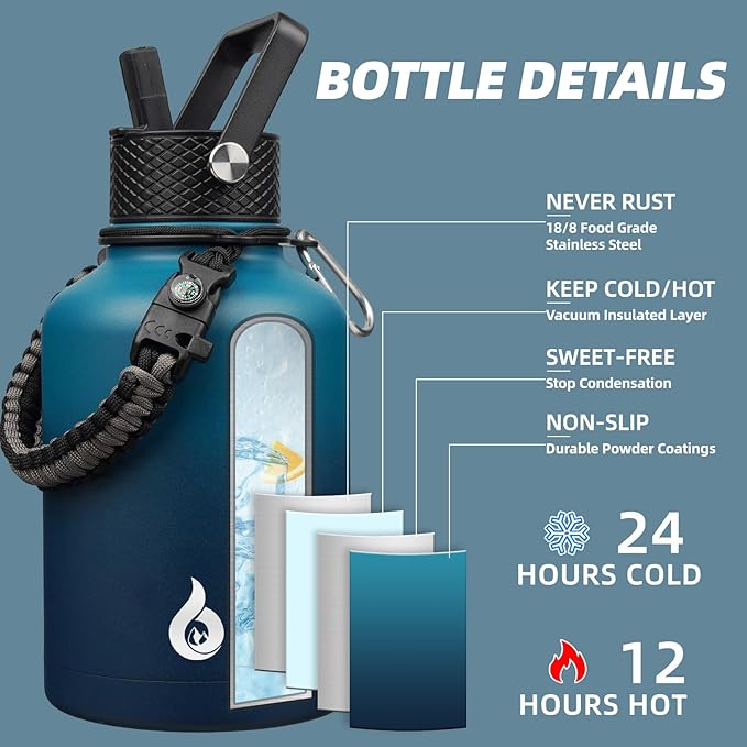 BJPKPK Insulated Water Bottles with Straw Lid, 50oz Large Water Bottle with 3 Lids and Paracord Strap, Stainless Steel Metal Water Bottle, Insulated Water Jug,Vast