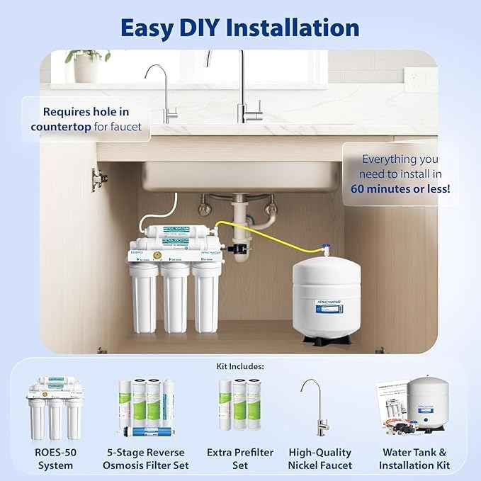 APEC Water Systems ROES-50 Essence Series Top Tier 5-Stage WQA Certified Ultra Safe Reverse Osmosis Drinking Water Filter System with Extra High Capacity Pre-Filter Set Stage 1-3