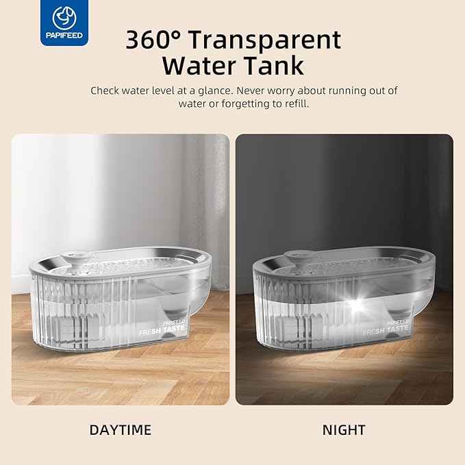 Cat Water Fountain Stainless Steel with a Silicone Mat, 84oz/2.5L Automatic Cat Water Fountain with Water Level Window and LED Light, Quiet Low Power Cat Water Bowl & Cat Water Dispenser(White)