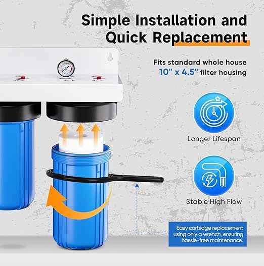 PUREPLUS 2-Stage Whole House Water Filtration System, Reduces Chlorine, Odor, Heavy Metals & Rust, with Pressure Gauges, 10" x 4.5" Housing, 1" Inlet/Outlet, PP Sediment & KDF Carbon Block Filters