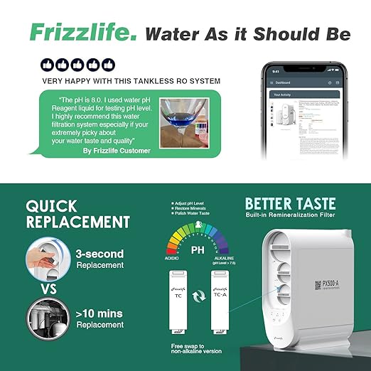 Frizzlife PX500-A Under Sink Tankless Reverse Osmosis Water Filtration System, 500 Gallons Per Day, Remineralizes Water, Easy DIY Installation, Low Maintenance