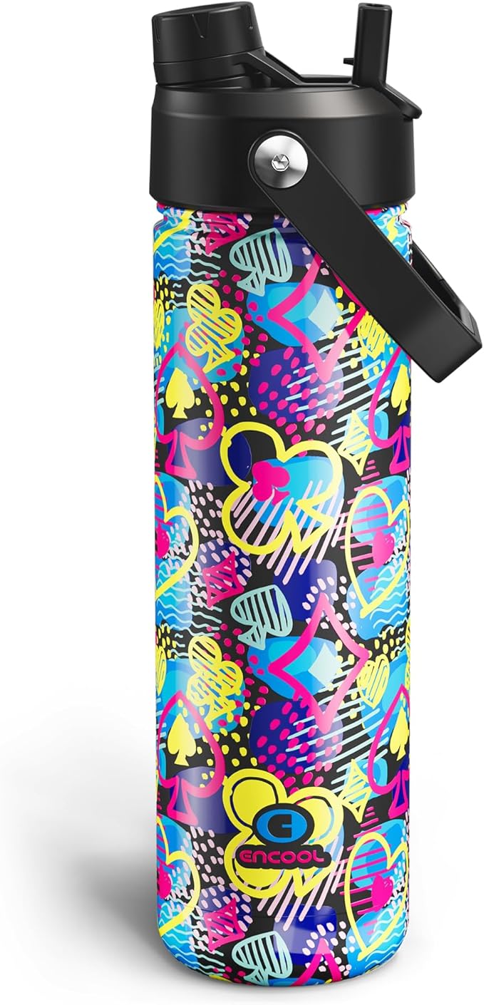 ENCOOL Insulated Water Bottle with Straw Stainless Steel Water Bottle, Leak-Proof, BPA-Free, Double Wall Vacuum Keeps Cold for 24 Hours for Sports, Travel, School (26 oz, Playing Suits)