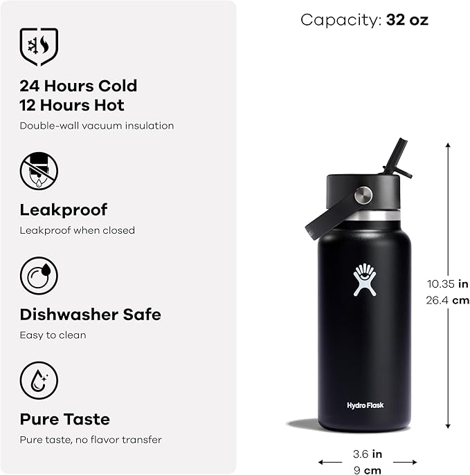 Hydro Flask Water Bottle - Insulated Stainless Steel - Wide Mouth Flex Straw Lid, Non Spill, Leakproof and Refillable in 32 Oz Vapor Rose Gold