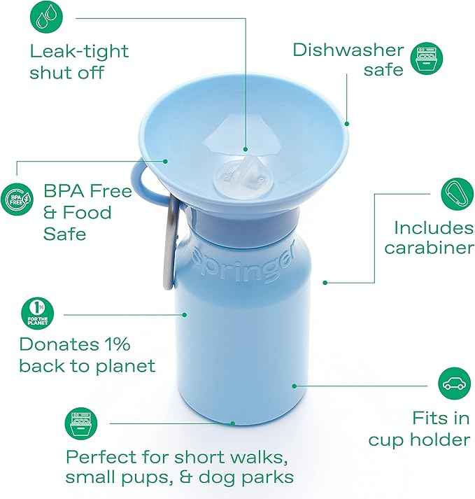 Springer Dog Water Bottle | Portable Travel Water Bottle Dispenser For Dogs - As Seen on Shark Tank | Patented, Leak-Proof Bottles Fill Bowl With Water - Ideal for Walking | BPA-Free 15oz Blue