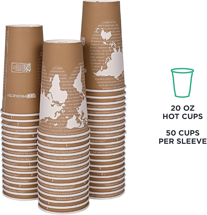 ECO PRODUCTS Compostable Disposable World Art 20oz Large Coffee Cups, Case of 1000, Renewable Hot Paper Cup, Plant Based PLA Lining, Color Coded