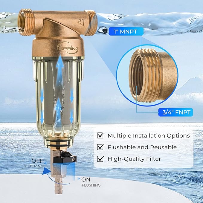 iSpring WSP-200 Reusable Whole House Spin Down Sediment Water Filter, 200 Micron Flushable Prefilter Filtration, 20GPM, 1" MNPT + 3/4" FNPT, Brass