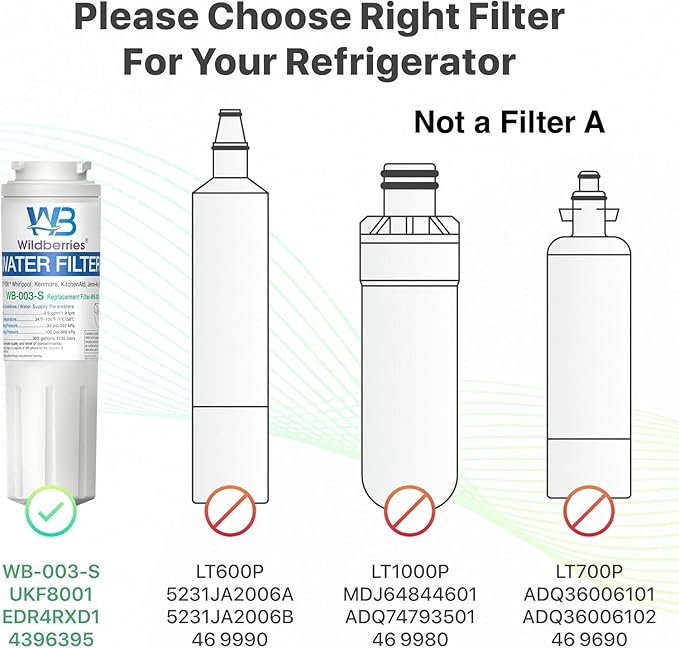 Wildberries UKF8001 Refrigerator Water Filter 4 Replacement for Whirlpool®, EveryDrop® EDR4RXD1, WHR4RXD1, 4396395, WRF535SWHZ00 to WRF535SWHZ10, WRF555SDFZ00 to WRF555SDFZ15, FMM-2, 46-9006, 2-PACK