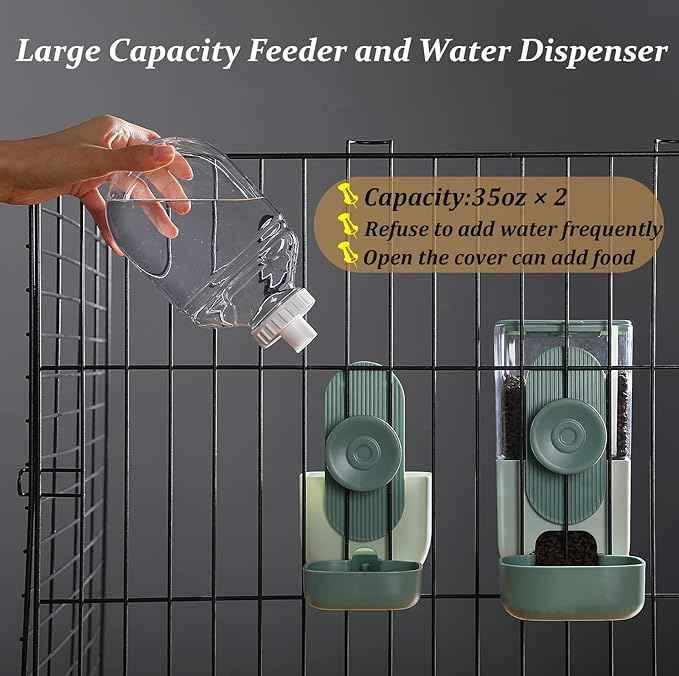 Kenond 35oz Hanging Automatic Pet Food Water Dispenser, Auto Gravity Pet Feeder and Waterer Set, Cage Cat Food Bowl Dog Feeding Station for Puppy and Kitten Rabbit Chinchilla Hedgehog Ferret (Green)