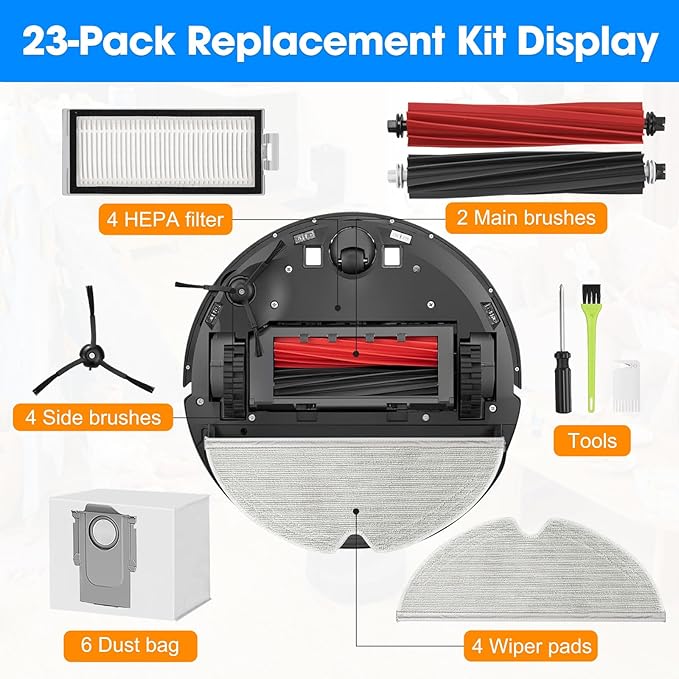 23PCS Replacement Accessories Kit Compatible with Roborock Q8 Max+/Q5 Pro+/Q5 Max+/Q5 DuoRoller+ Includes Dual Main Brush, HEPA Filters, Mop Pads, Side Brushes, Cleaning Tools - AquaVibe