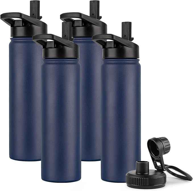 DOMICARE Insulated Water Bottle, 22 oz Vacuum Insulated Stainless Steel Reusable Sports Bottle with Straw Lid & Spout Lid for Travel, Camping, Bike, Leakproof, Navy Blue, 4 Pack