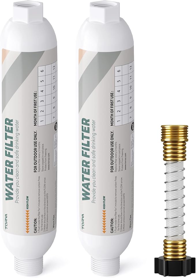TORVA NSF Certified RV Inline Water Filter with Hose Protector, High Flow 3/4" GHT, Camping & Marine Essential, 2 Pack