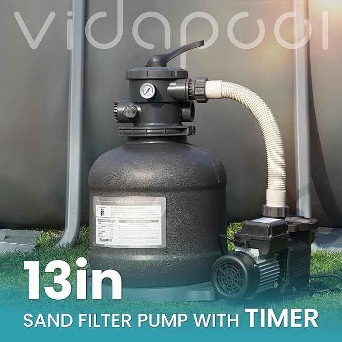 Sand Filter Pump for Above Ground Pool, Pool Pumps Above Ground with Timer, Pool Sand Filter with 6-Way Valve, Efficient Filtration, 13in, Up to 13,000 Gallons